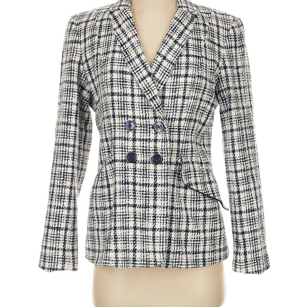 Tommy Hilfiger Navy and White Plaid Double-Breasted Blazer
